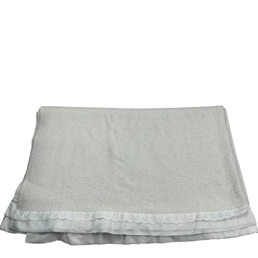 Vintage FARIBO Wool Acrylic Blanket Ivory Satin Trim Woven Texture 68x82 Cottage - Picture 2 of 13